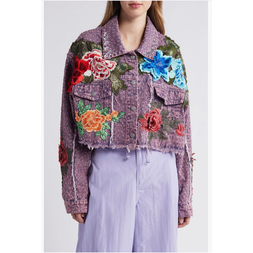Bloom Floral Appliqué Texture Denim Jacket