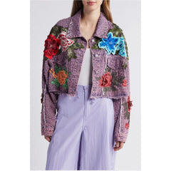 Bloom Floral Appliqué Texture Denim Jacket