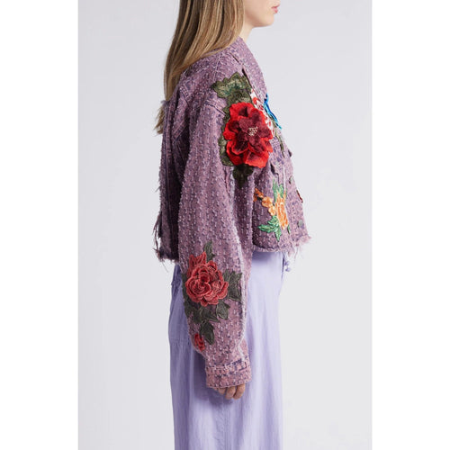 Bloom Floral Appliqué Texture Denim Jacket